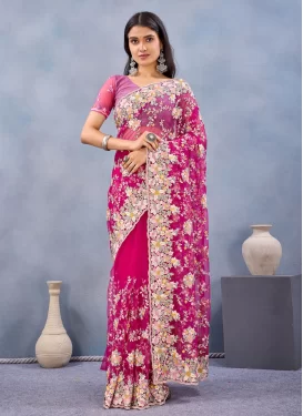 Embroidered Work Net Traditional Saree in Rose Pink for Women