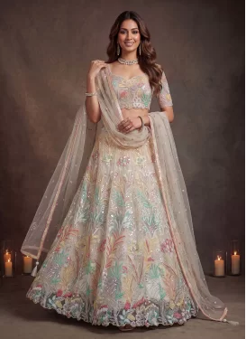 Embroidered Work Net Trendy Lehenga Choli in Off White for Women