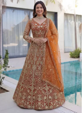 Embroidered Work Net Trendy Lehenga Choli in Orange for Women