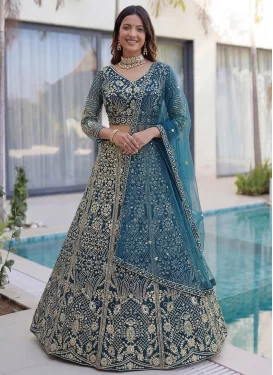Embroidered Work Net Trendy Lehenga Choli in Teal for Women