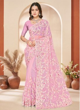 Embroidered Work Net Trendy Saree in Mauve for Women