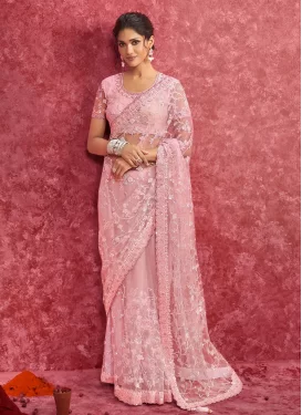 Embroidered Work Net Trendy Saree in Pink for Party
