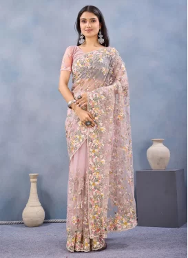 Embroidered Work Net Trendy Saree in Pink for Party