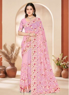 Embroidered Work Net Trendy Saree in Pink for Women