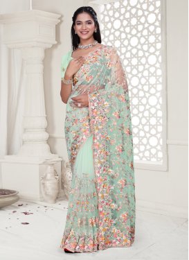 Embroidered Work Net Trendy Saree in Turquoise for Women