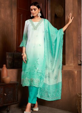 Embroidered Work Off White and Turquoise Readymade Salwar Suit