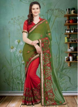Embroidered Work Olive and Red Half N Half Saree