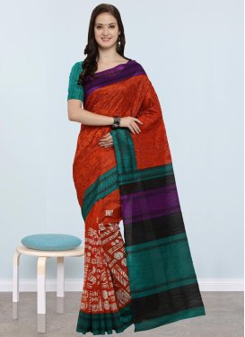 Embroidered Work Orange and Teal Contemporary Style Saree