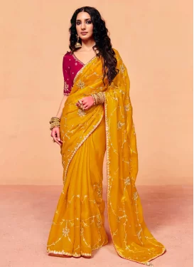 Embroidered Work Organza Classic Saree in Mustard for Women