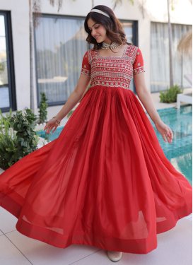 Embroidered Work Organza Designer Gown in Tomato for Women