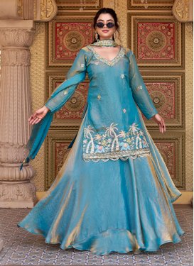 Embroidered Work Organza Kameez Style Lehenga Choli in Light Blue for Women