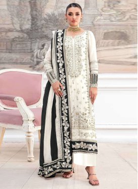 Embroidered Work Organza Pakistani Suit in Black and Off White for Women