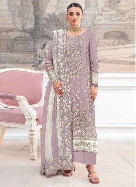 Embroidered Work Organza Pakistani Suit in Mauve for Women