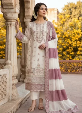 Embroidered Work Organza Pakistani Suit in Off White and Pink for Women