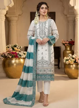 Embroidered Work Organza Pakistani Suit in Off White and Teal for Women