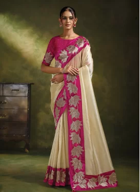 Embroidered Work Organza Traditional Saree in Cream and Rose Pink for Women