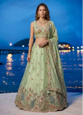 Embroidered Work Organza Trendy Lehenga Choli in Mint Green for Festival