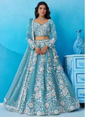 Embroidered Work Organza Trendy Lehenga Choli in Turquoise for Women