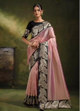 Embroidered Work Organza Trendy Saree in Black and Pink for Festival