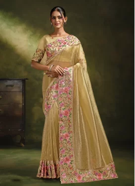 Embroidered Work Organza Trendy Saree in Cream for Women