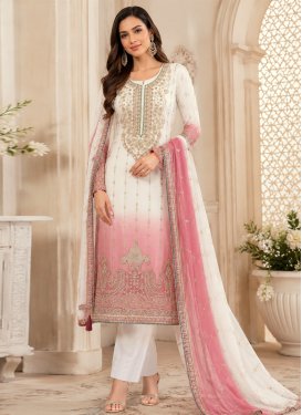 Embroidered Work Pakistani Suit For Ceremonial in Off White and Pink