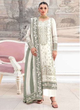Embroidered Work Pakistani Suit For Ceremonial in Off White and Sea Green