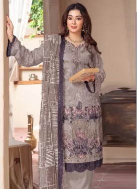 Embroidered Work Pakistani Suit For Festival in Grey