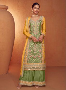 Embroidered Work Palazzo Suit For Ceremonial in Mustard and Olive