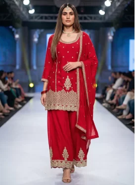 Embroidered Work Palazzo Suit For Ceremonial in Red