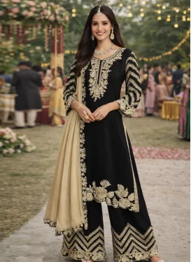 Embroidered Work Palazzo Suit For Festival in Black