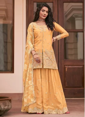 Embroidered Work Palazzo Suit For Festival in Gold