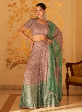 Embroidered Work Palazzo Suit For Festival in Green and Salmon