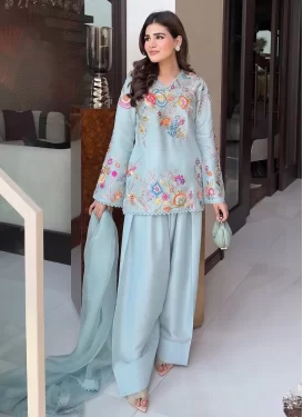 Embroidered Work Palazzo Suit For Festival in Light Blue