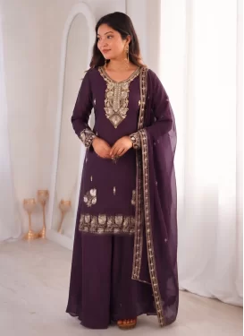 Embroidered Work Palazzo Suit For Festival in Purple