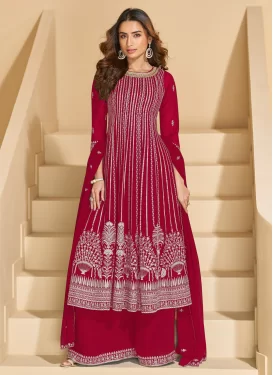 Embroidered Work Palazzo Suit For Festival in Red