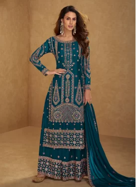 Embroidered Work Palazzo Suit For Festival in Teal