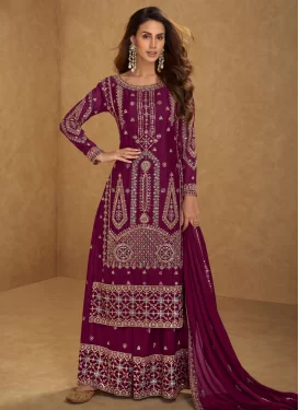 Embroidered Work Palazzo Suit For Party in Fuchsia