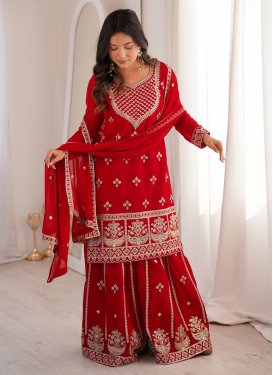 Embroidered Work Palazzo Suit For Party in Red