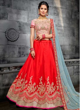 Embroidered Work Pink and Red Silk A Line Lehenga Choli