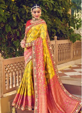 Embroidered Work Pink and Yellow Traditional Saree