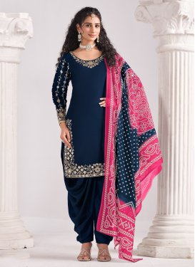 Embroidered Work Punjabi Salwar Suit For Ceremonial in Navy Blue