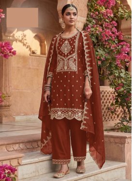 Embroidered Work Rangoli Silk Straight Suit in Rust for Women