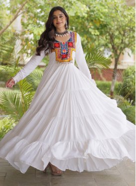 Embroidered Work Rayon Designer Gown in White for Women