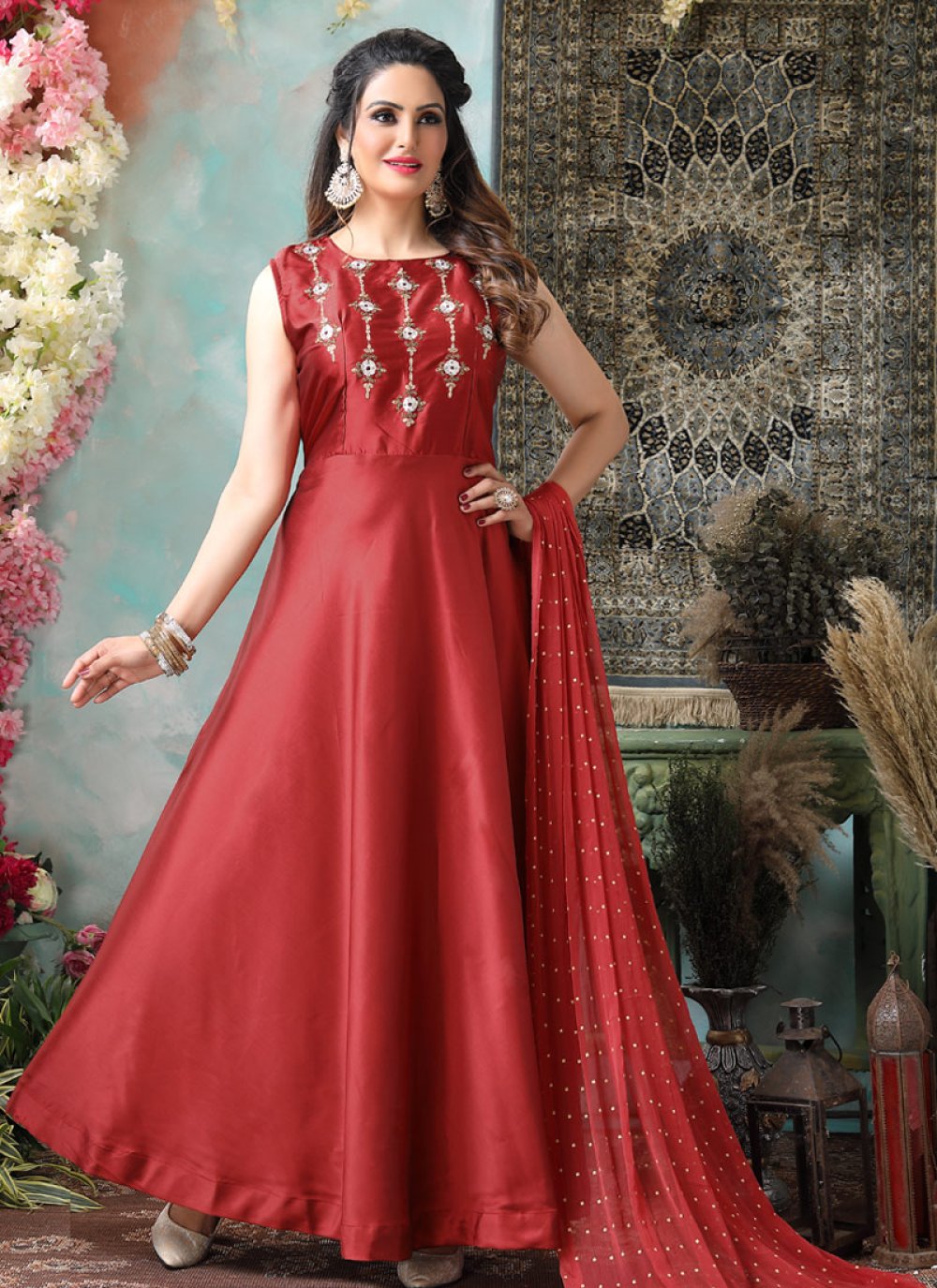 Embroidered Work Readymade Floor Length Gown For Ceremonial