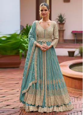 Embroidered Work Readymade Lehenga Choli For Ceremonial in Aqua Blue