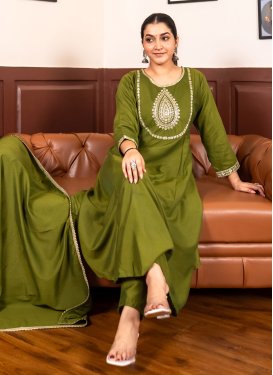 Embroidered Work Readymade Salwar Suit For Festival in Olive