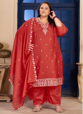 Embroidered Work Readymade Salwar Suit For Festival in Tomato