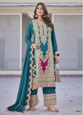 Embroidered Work Rose Pink and Teal Palazzo Straight Salwar Kameez