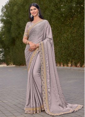 Embroidered Work Satin Georgette Designer Contemporary Style Saree For Festival