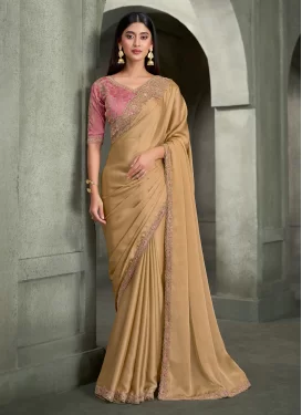 Embroidered Work Satin Georgette Traditional Saree in Beige for Ceremonial